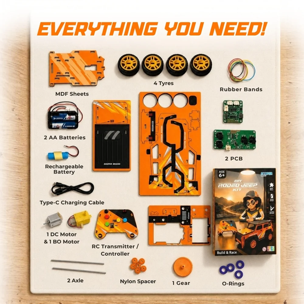 All the loose parts of the Rodeo kit, laid out